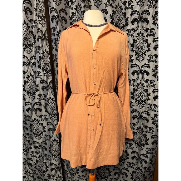 Mon Renn Womens Peach Button-Front Shirt Dress With Tie Waist & Collar Size S - - Picture 1 of 6